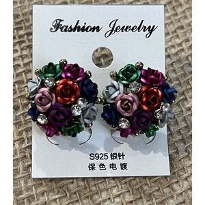 Colorful Metal & Rhinestone Cluster Pierced Earrings NEW Fairy Grunge